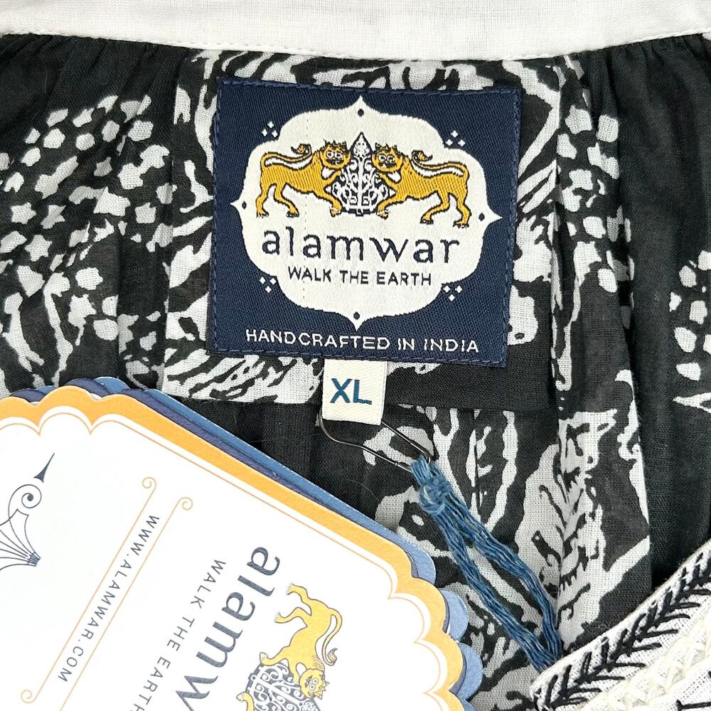 Alamwar India XL Black Floral Block Prink Bohemian Tassel Tie Cotton Blouse NWT - Picture 9 of 12
